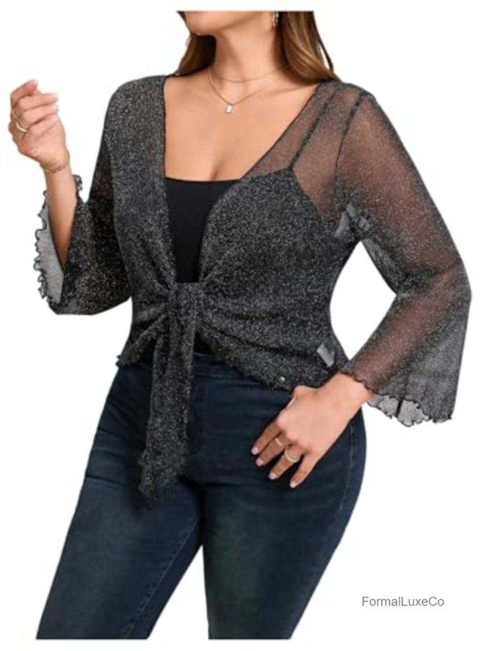 Plus Size Glitter Sheer Tie Front Cardigan Bolero Shrug